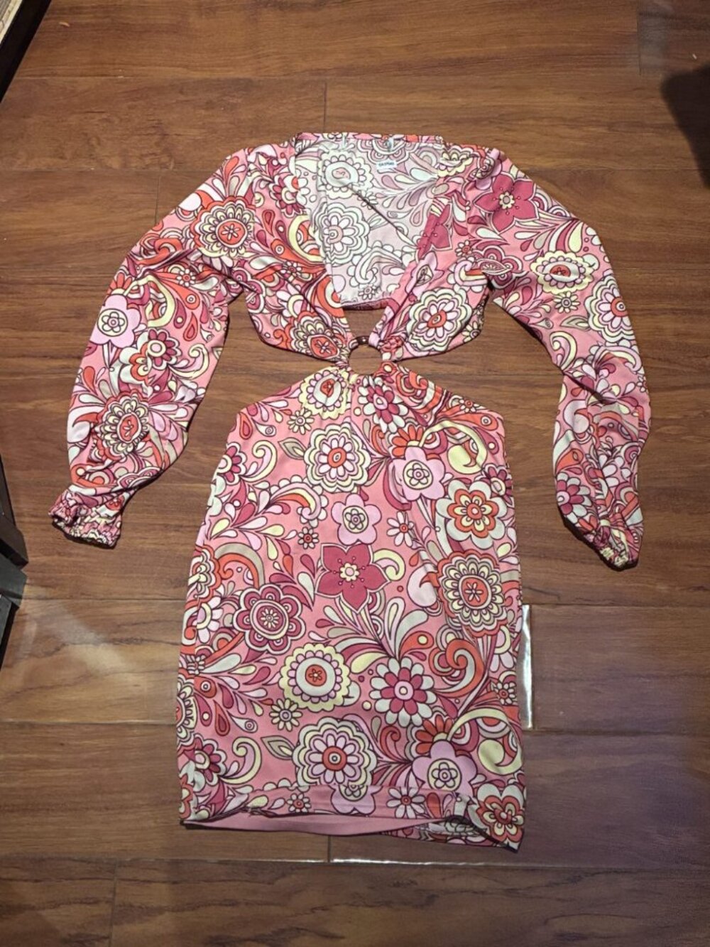 Pink Retro Floral Long-Sleeve Cutout Mini Dress Size S